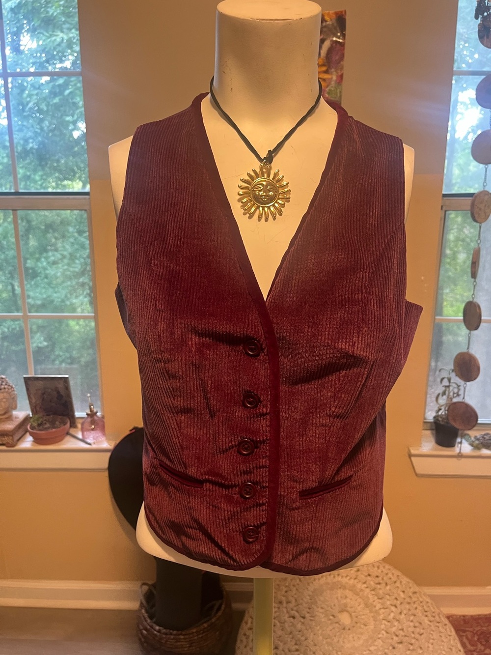 Vintage Women's Burgundy Corduroy Button-Front Vest